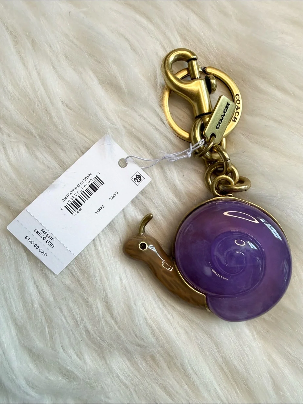 Authentic Coach Snail Bag Purse Charm With Key Ring In Brass Purple CAX69 NWT